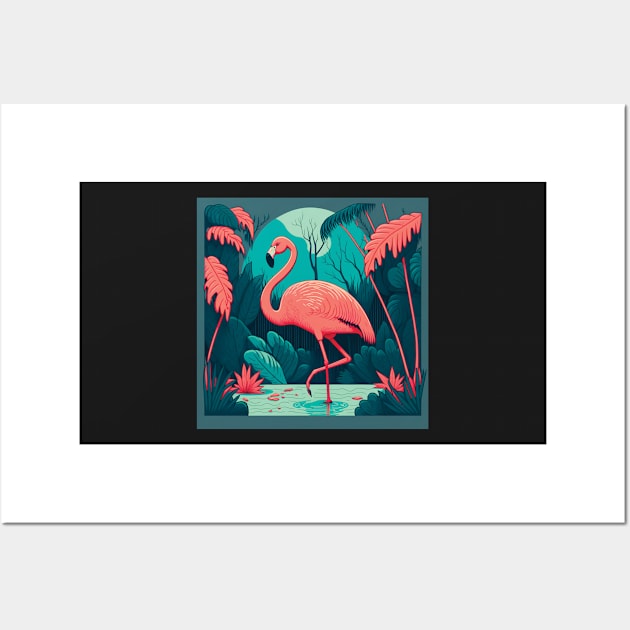 Flamingo in a Lake in Pink and Teal Wall Art by Geminiartstudio